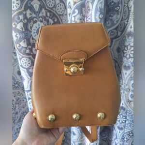 Vintage Ferragamo Tan Backpack with Gold Shoe Accents